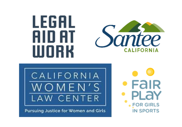 Logos of Legal Aid at Work and its Fair Play for Girls in Sports Project, the City of Santee, and the California Women's Law Center