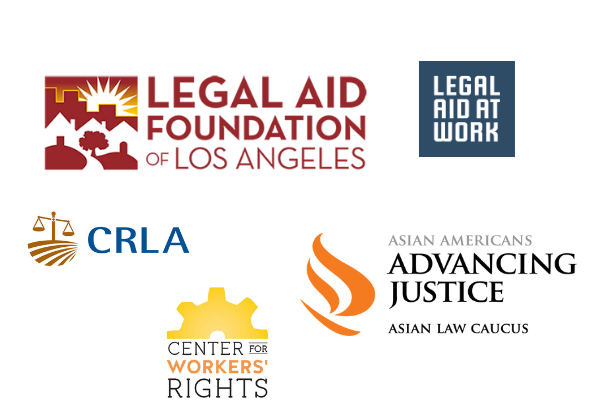 Logos of LAFLA, CRLA, the Center for Workers Rights, Asian Americans Advancing Justice, and Legal Aid at Work