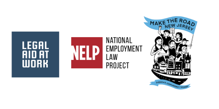 Logos of Legal Aid at Work, NELP and Make the Road New Jersey